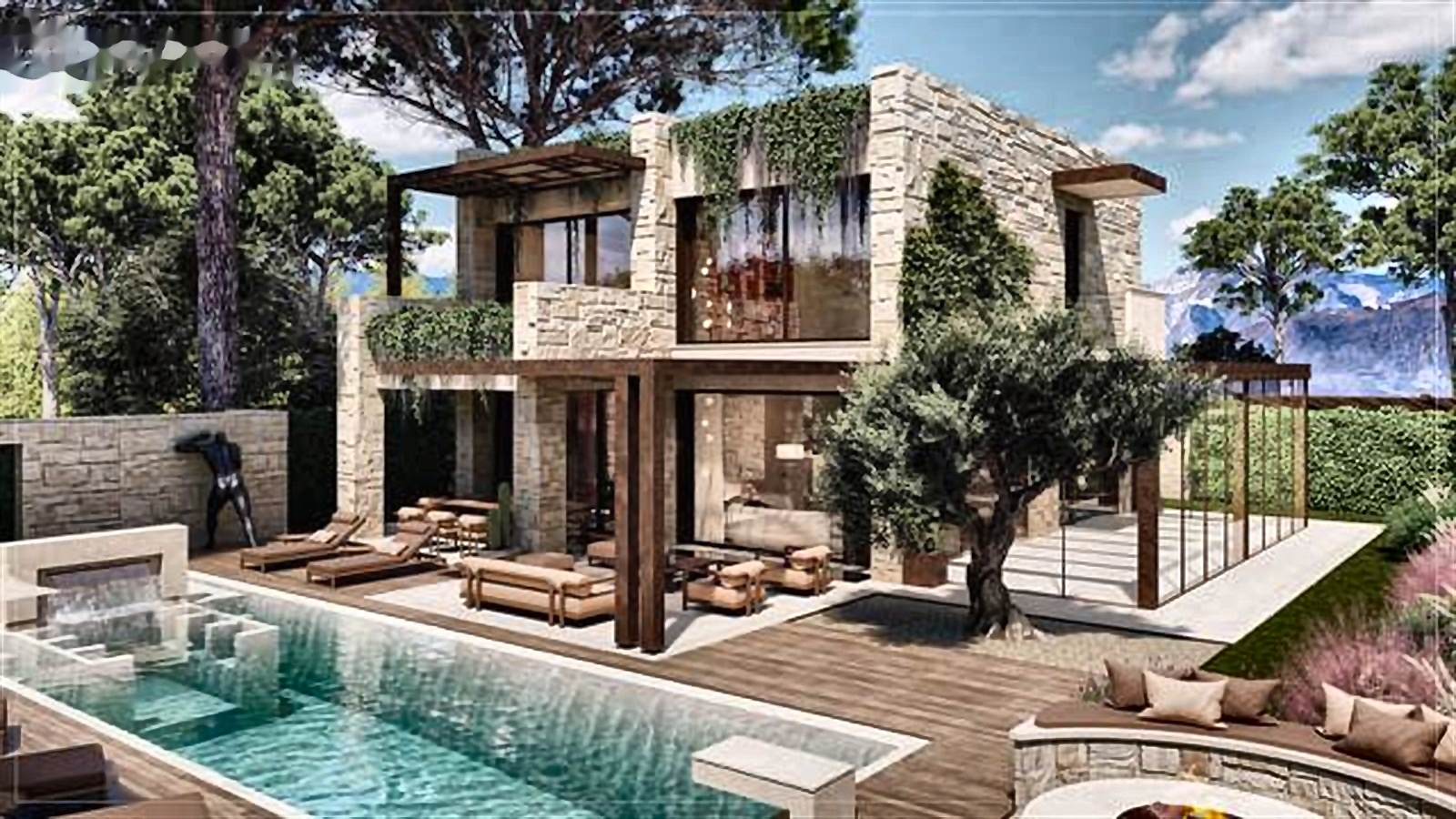 Rendering of the proposed villa and pool, front view