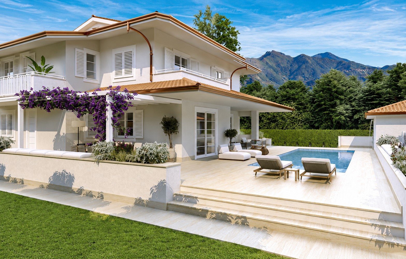 Architectural rendering of the villa and pool terrace with mountains in the background