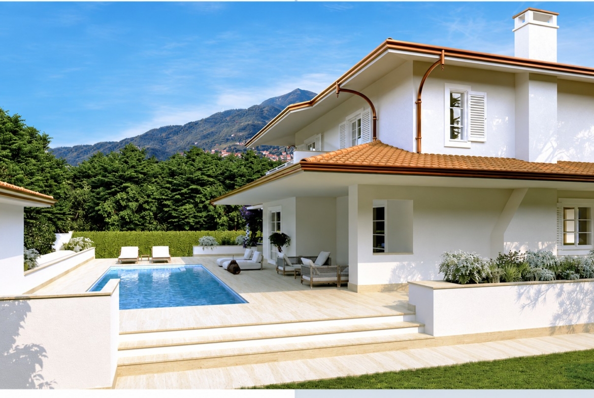 Architectural rendering of the villa with private pool and garden steps
