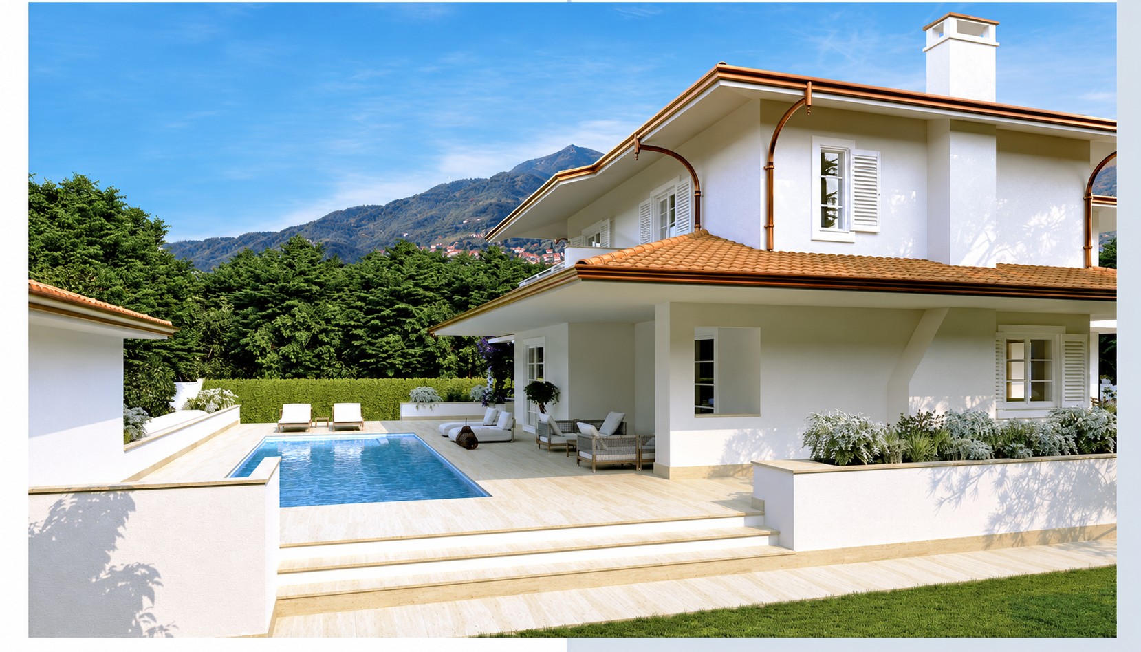 Architectural rendering of the villa with private pool and garden steps
