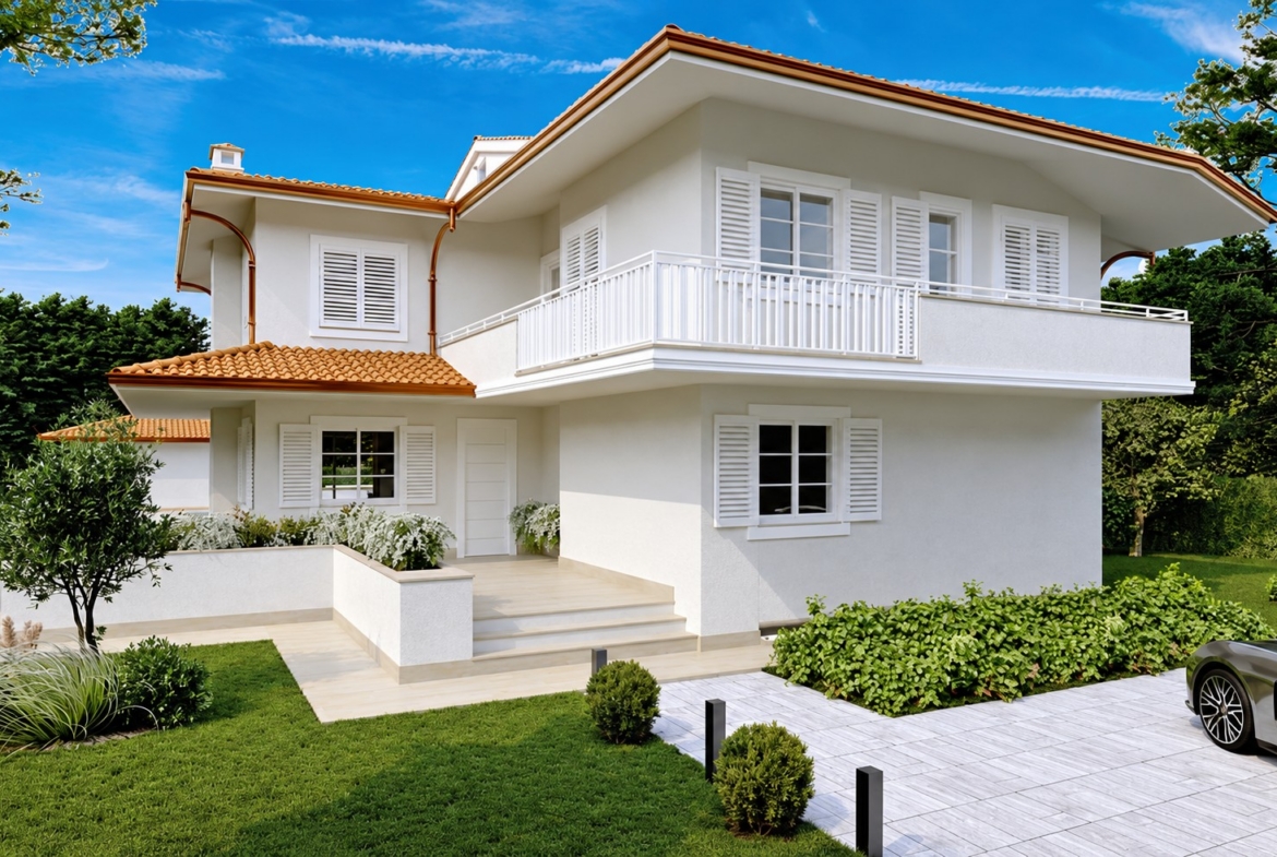 Architectural rendering of the villa entrance and upper-floor balcony