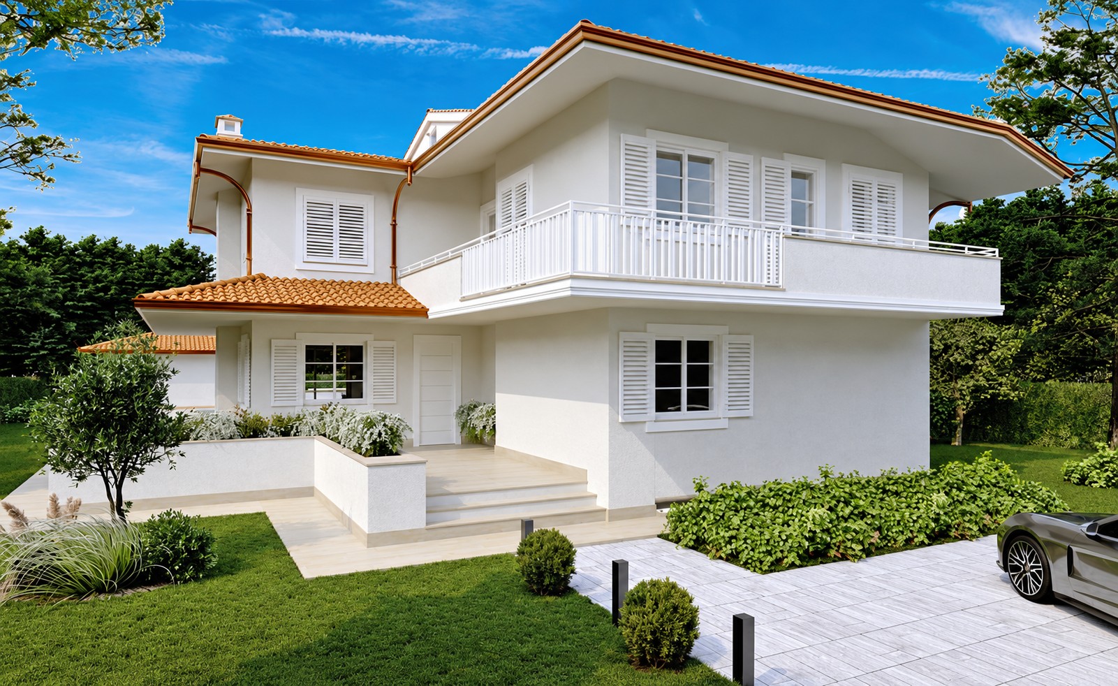 Architectural rendering of the villa entrance and upper-floor balcony