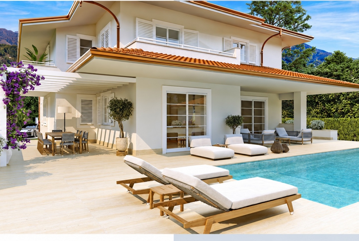Architectural rendering of the pool terrace and covered outdoor dining area