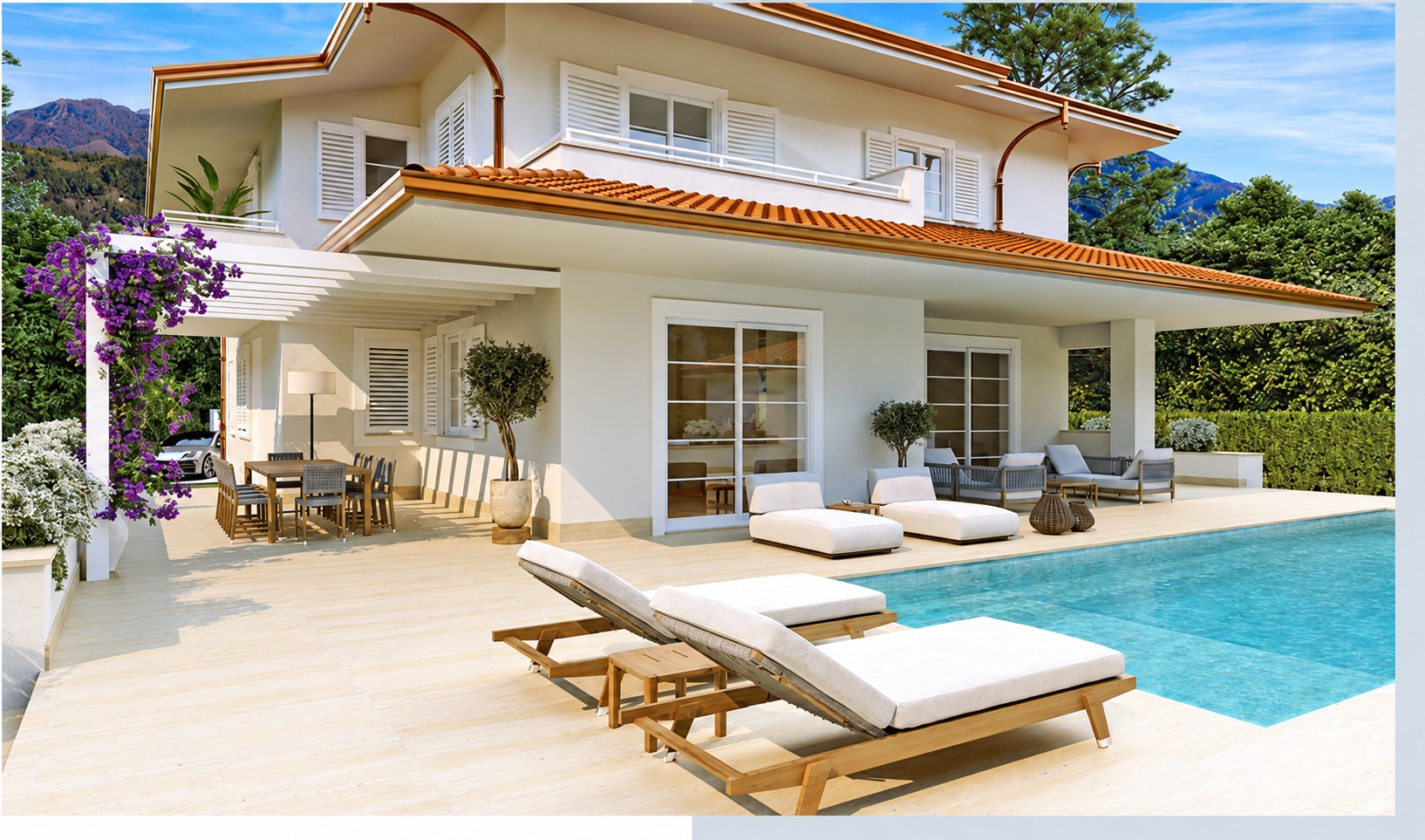Architectural rendering of the pool terrace and covered outdoor dining area