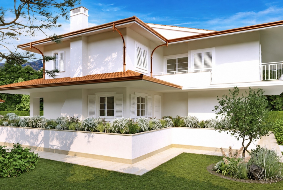 Architectural rendering of the villa exterior and garden
