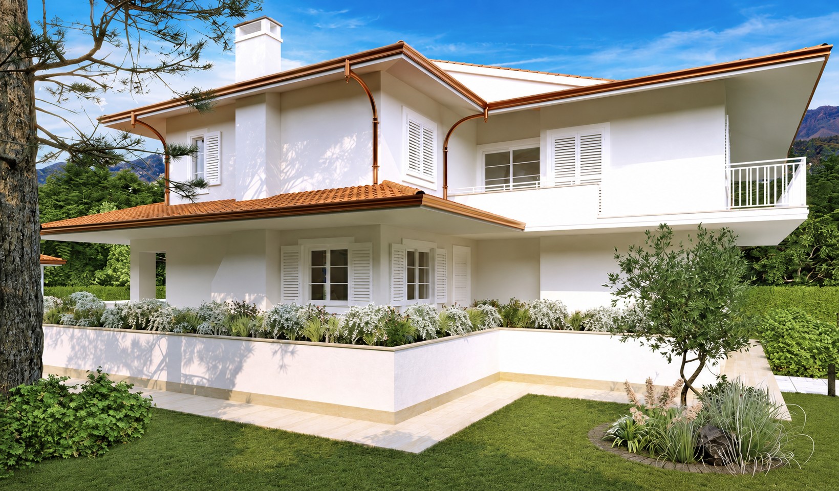 Architectural rendering of the villa exterior and garden