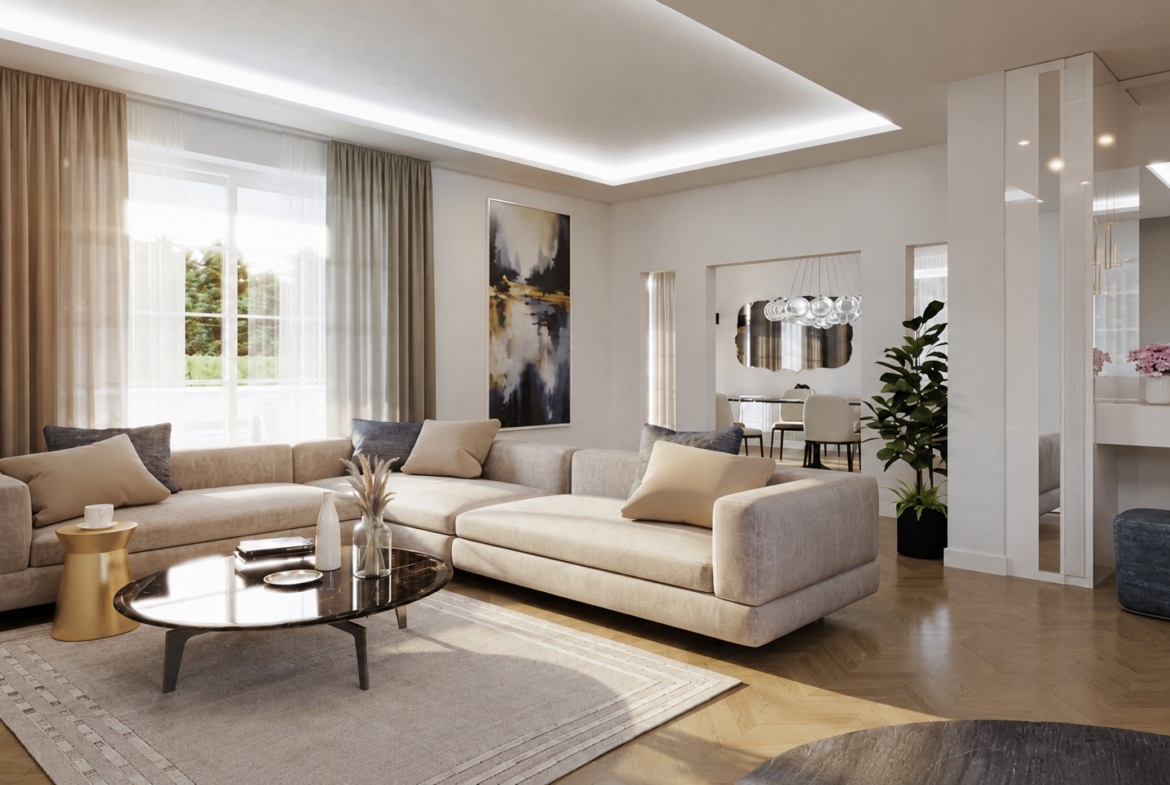 Interior rendering of the living room and adjoining dining area