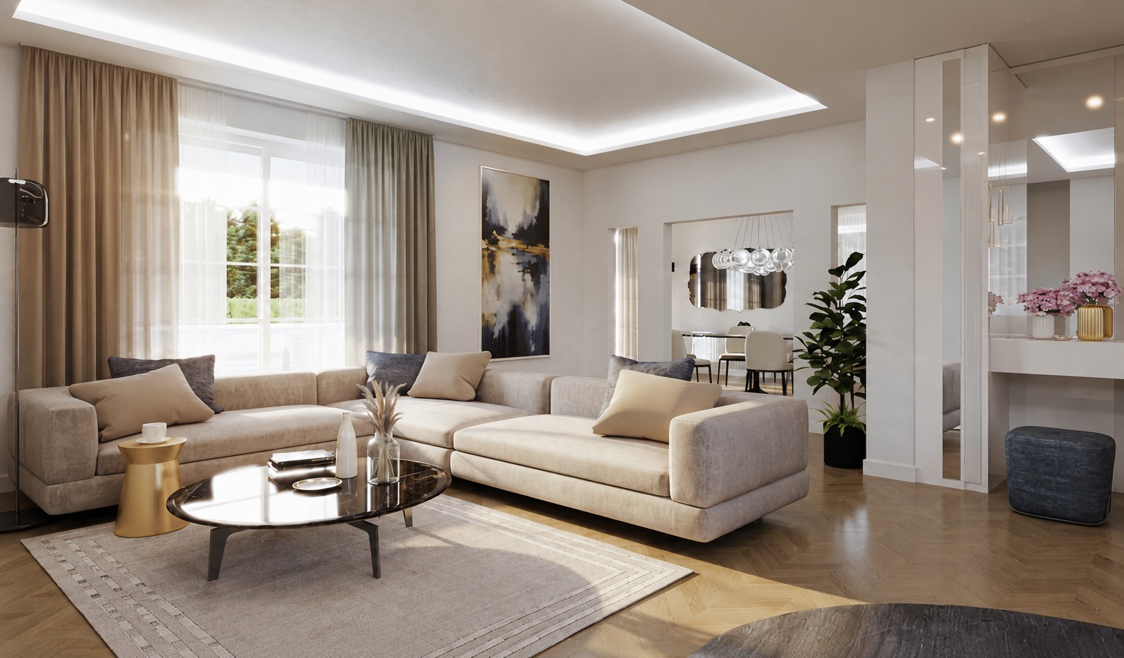 Interior rendering of the living room and adjoining dining area