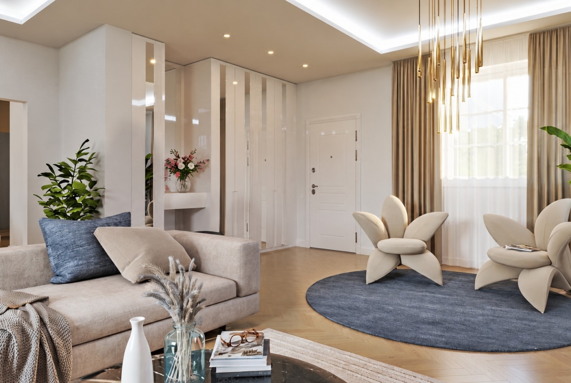Interior rendering of the lounge with garden-facing windows