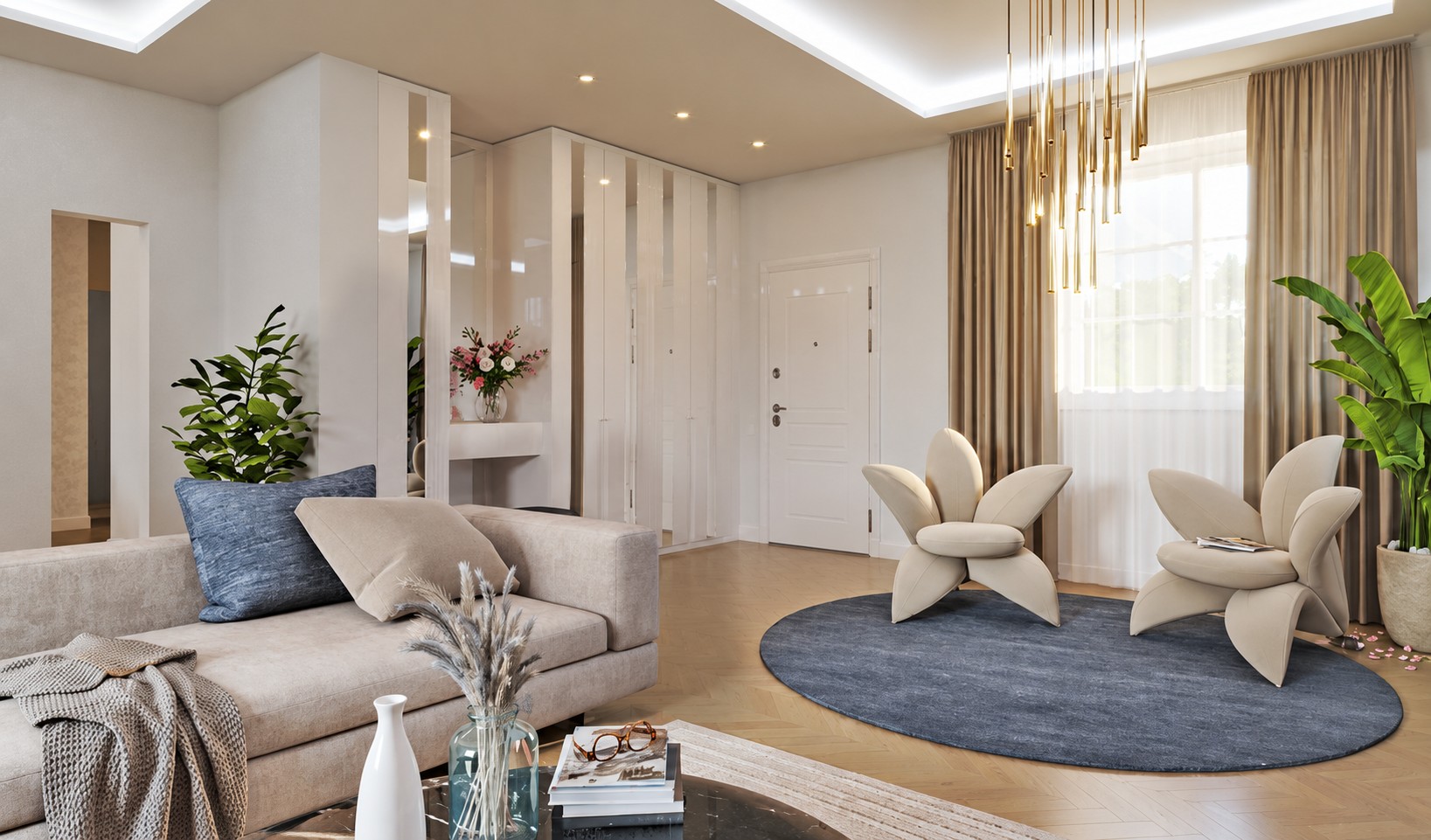 Interior rendering of the lounge with garden-facing windows