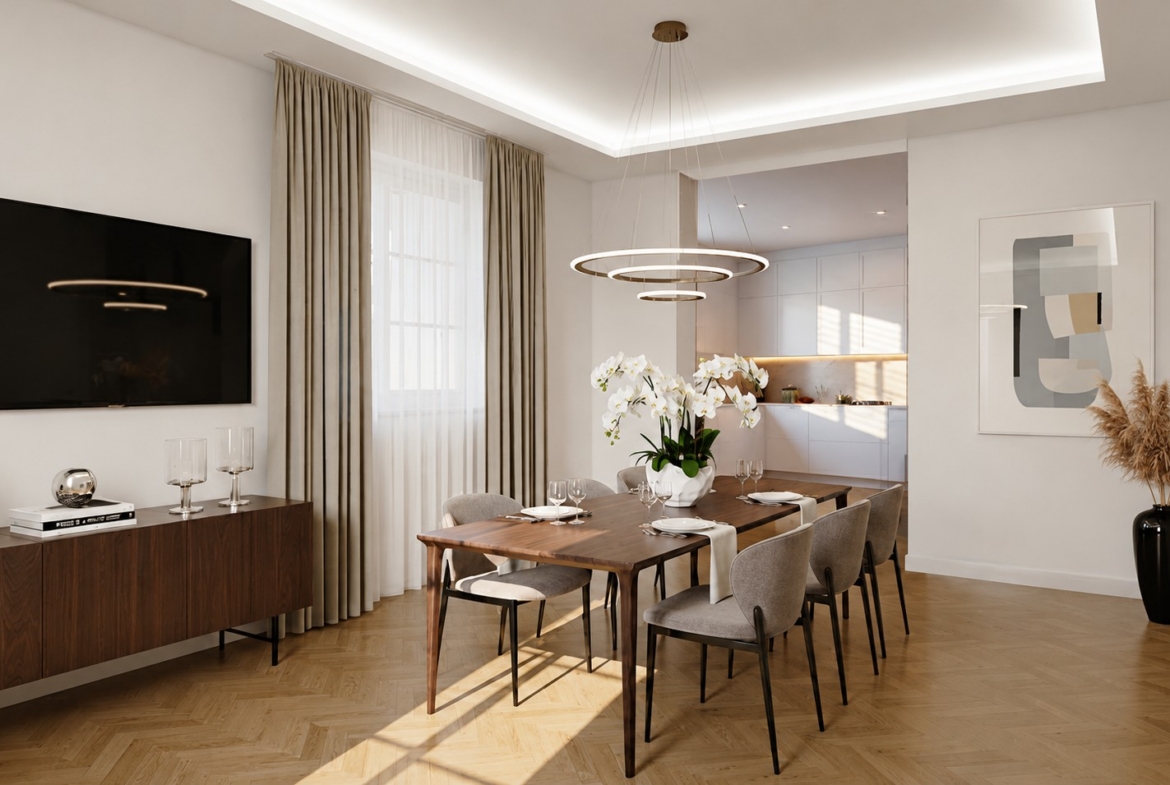Interior rendering of the dining room adjoining the kitchen