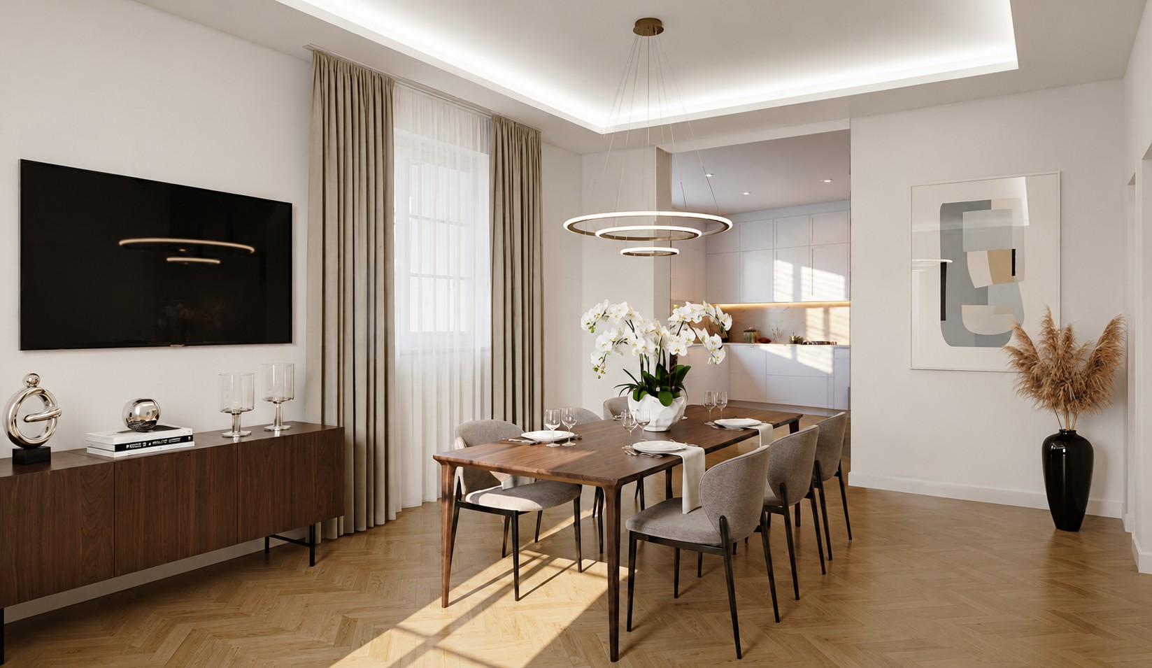 Interior rendering of the dining room adjoining the kitchen