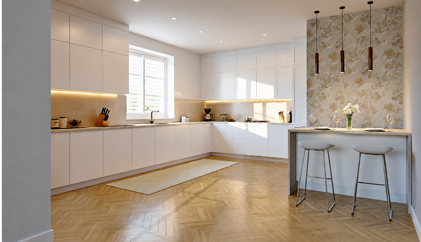 Interior rendering of the eat-in kitchen with breakfast counter
