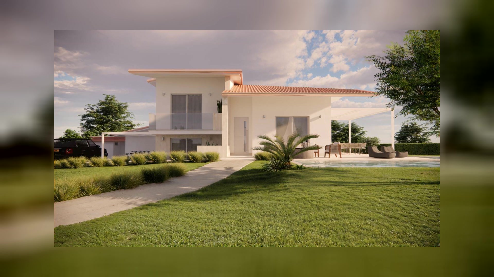 Architectural rendering: proposed villa garden elevation, wide hero version