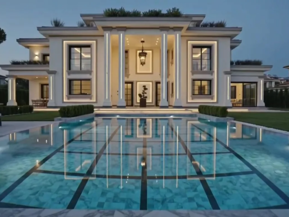 Luxury villa with private pool in Vittoria Apuana, Forte dei Marmi — panoramic front elevation at dusk